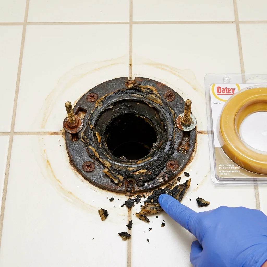 Failed wax ring showing water seepage at the base of a toilet in a Tuscumbia, MO home