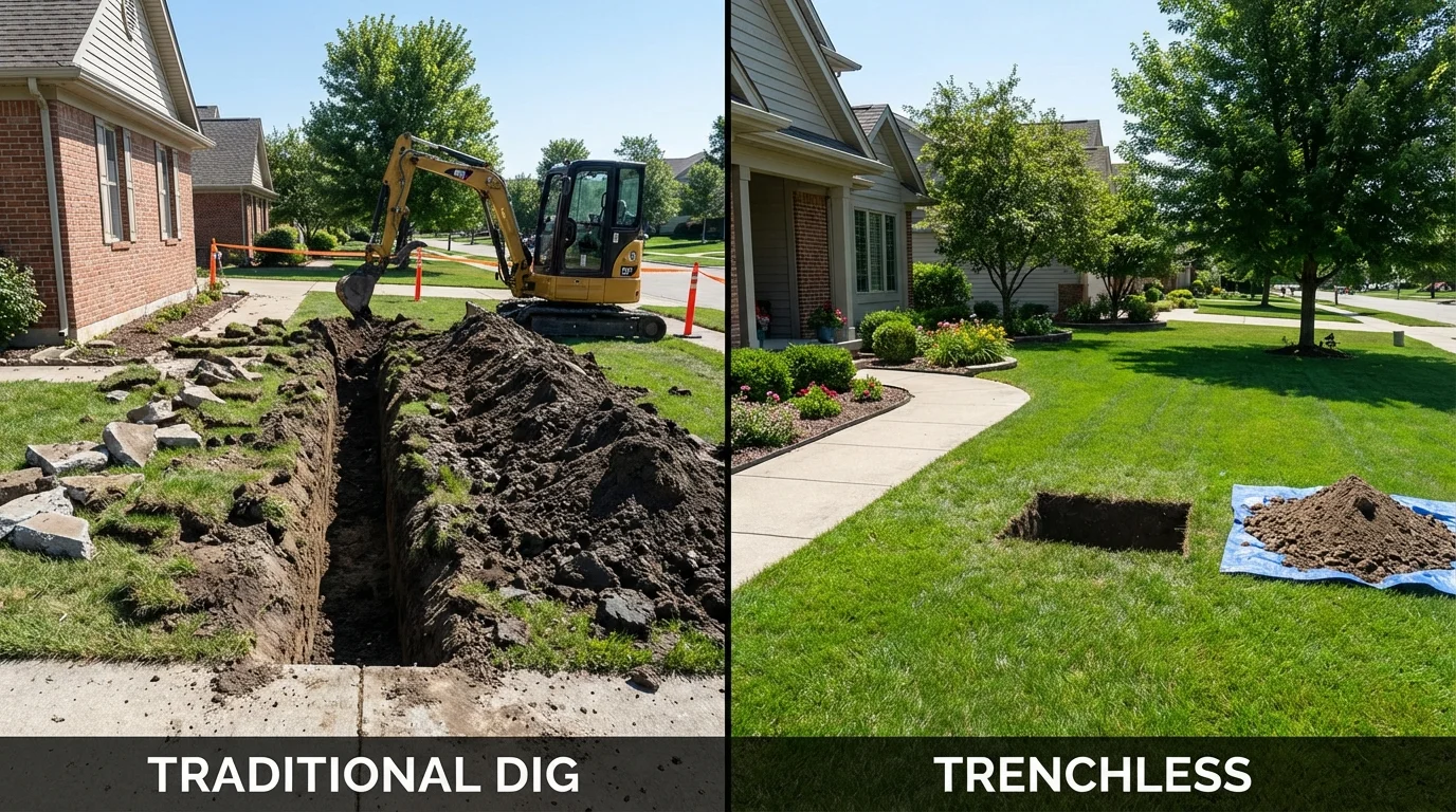 Trenchless sewer repair with minimal yard damage versus traditional excavation in Tuscumbia, MO