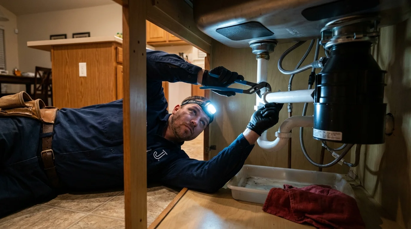P-trap and supply line connections under a kitchen sink showing a common leak point in Tuscumbia, MO